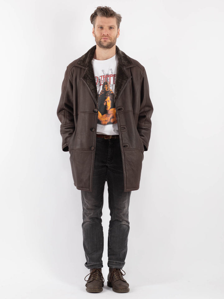 Vintage 80's Men Sheepskin Shearling Coat in Brown