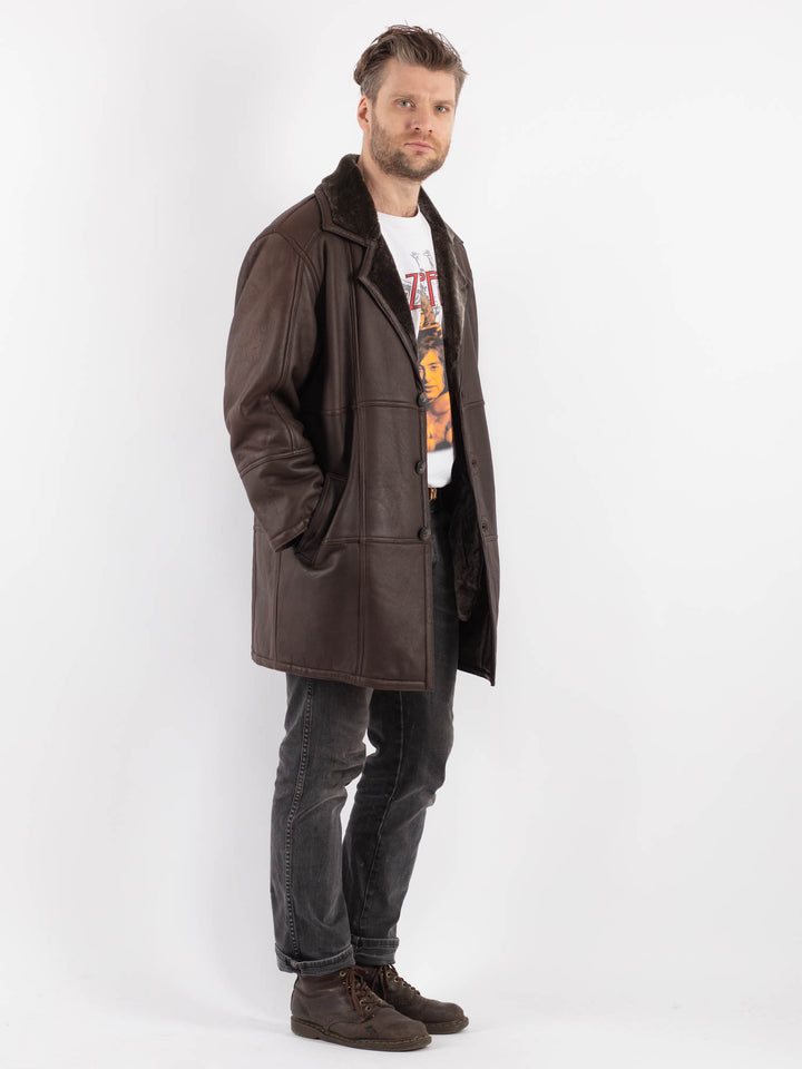 Vintage 80's Men Sheepskin Shearling Coat in Brown