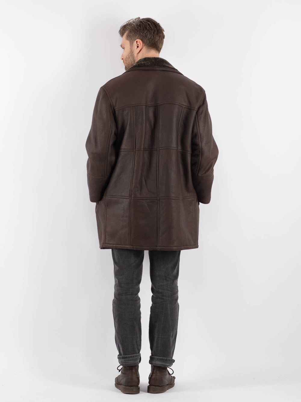 Vintage 80's Men Sheepskin Shearling Coat in Brown