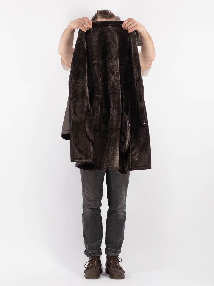 Vintage 80's Men Sheepskin Shearling Coat in Brown