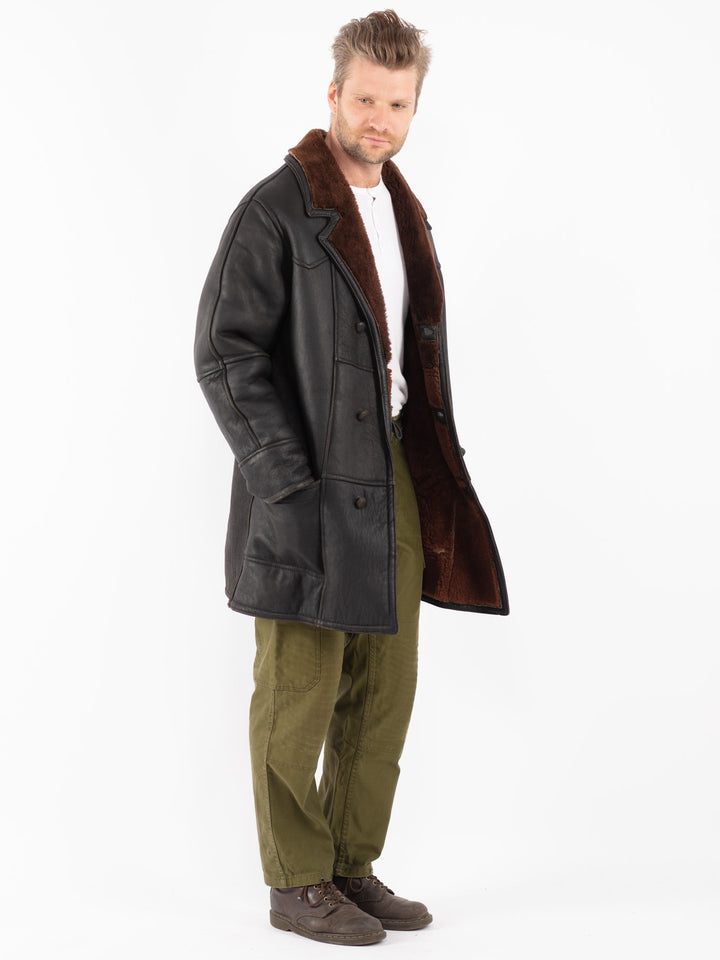 Vintage 80's Men Sheepskin Coat in Black