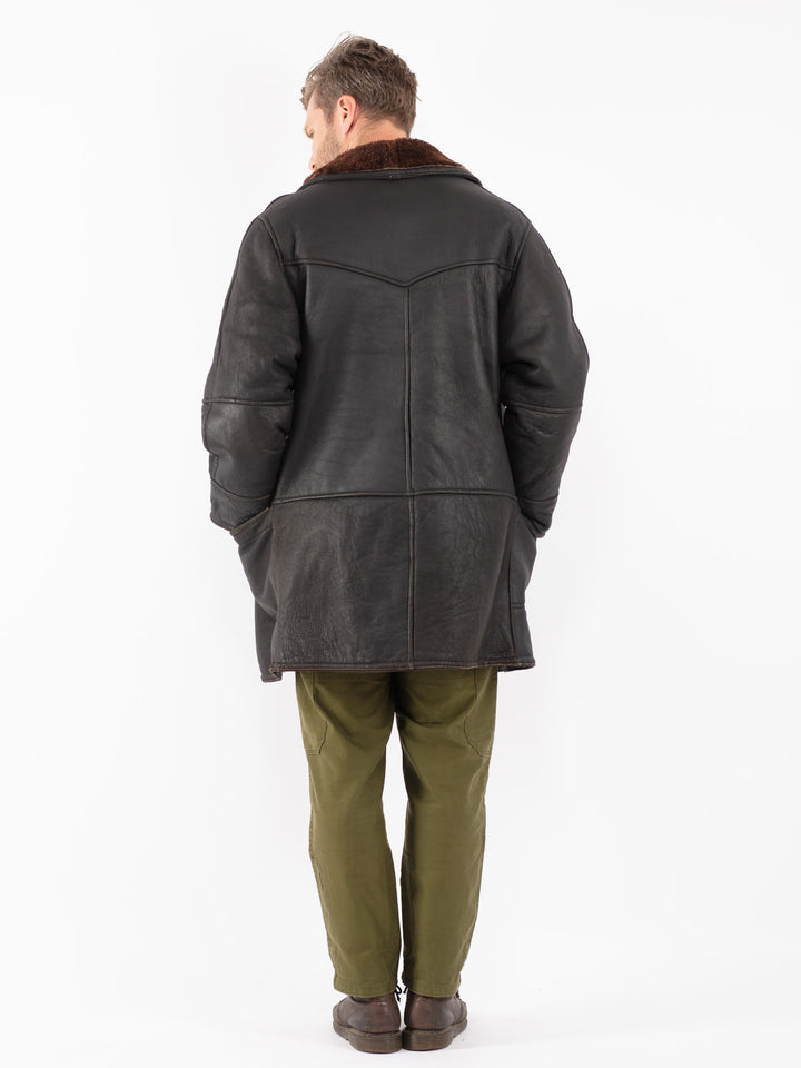 Vintage 80's Men Sheepskin Coat in Black
