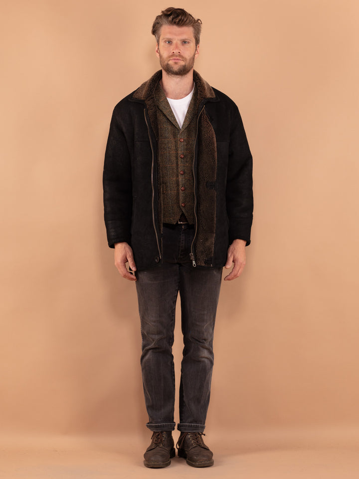 Vintage 80's Men Sheepskin Coat in Black