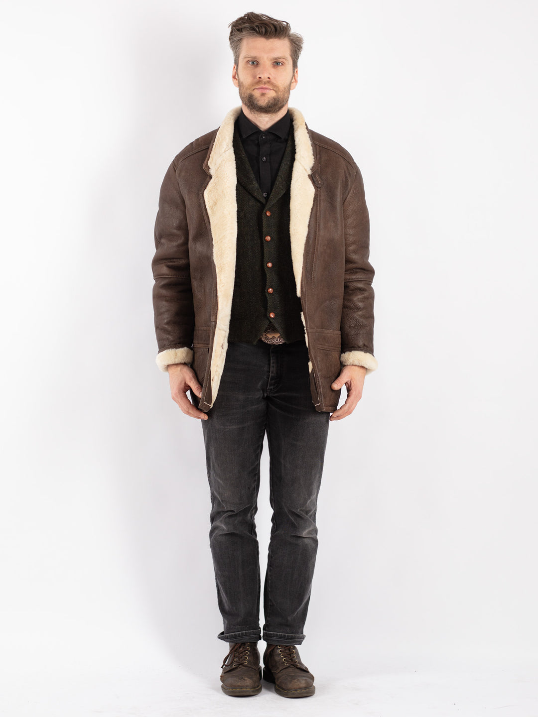 Vintage 80's Men Sheepskin Coat in Brown
