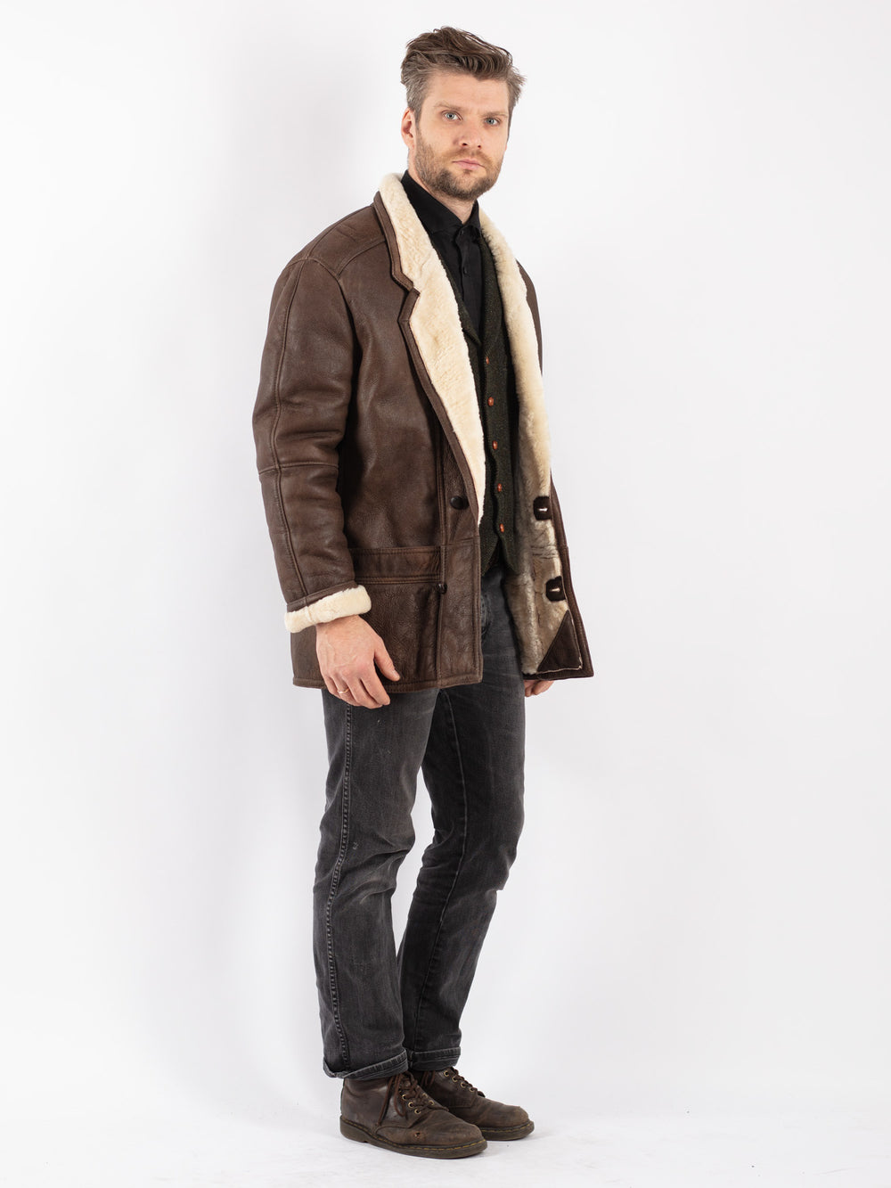 Vintage 80's Men Sheepskin Coat in Brown