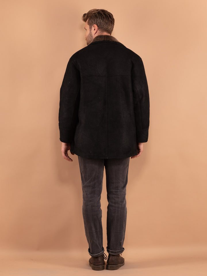 Vintage 80's Men Sheepskin Coat in Black