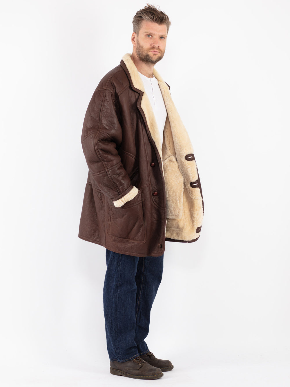 Vintage 80's Men Sheepskin Coat in Brown