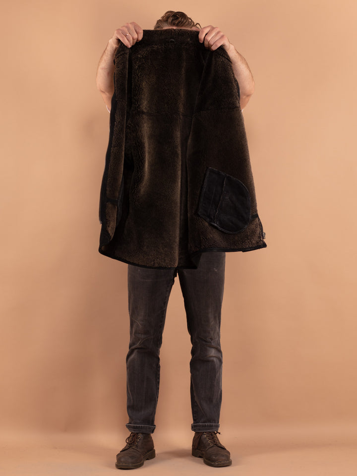 Vintage 80's Men Sheepskin Coat in Black