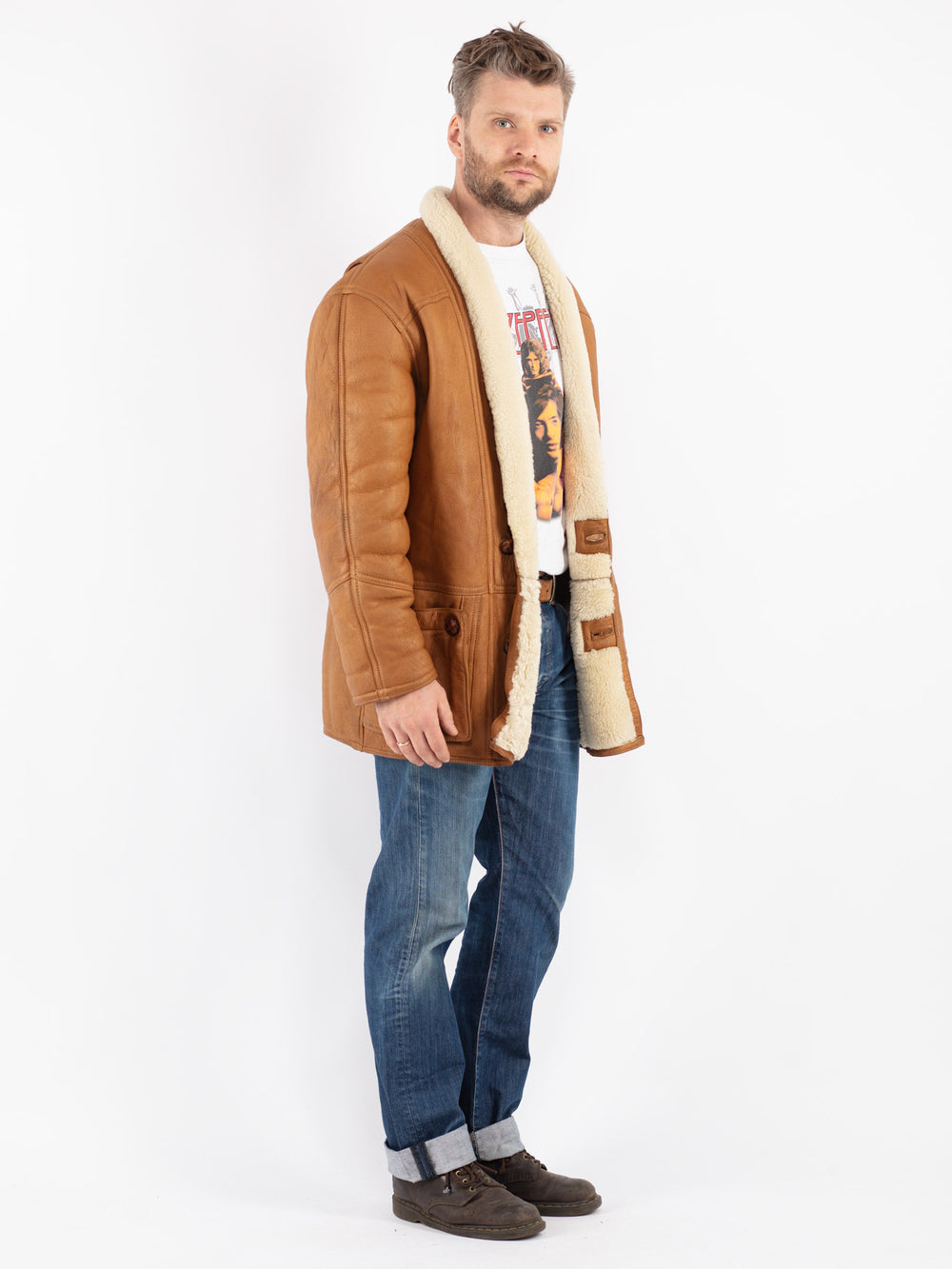 Vintage 80's Men Sheepskin Shearling Coat in Brown