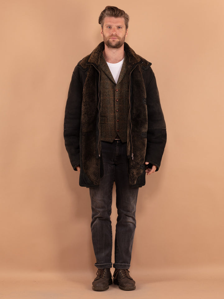 Vintage 80's Men Sheepskin Coat in Black