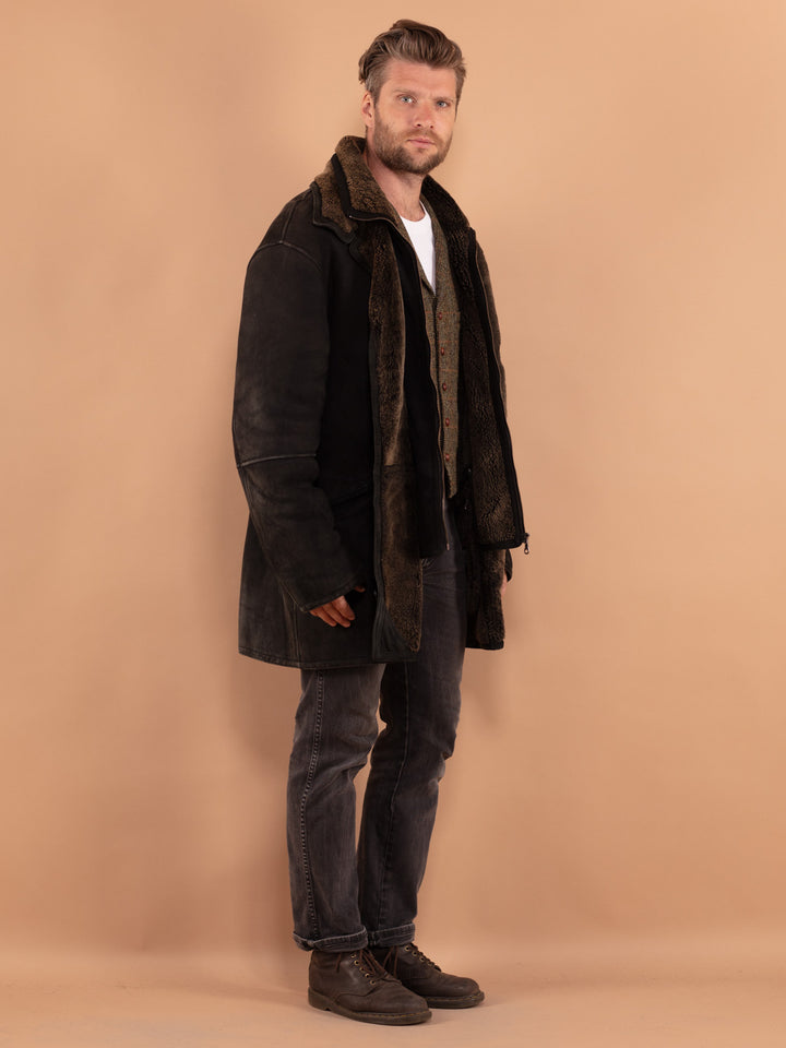 Vintage 80's Men Sheepskin Coat in Black