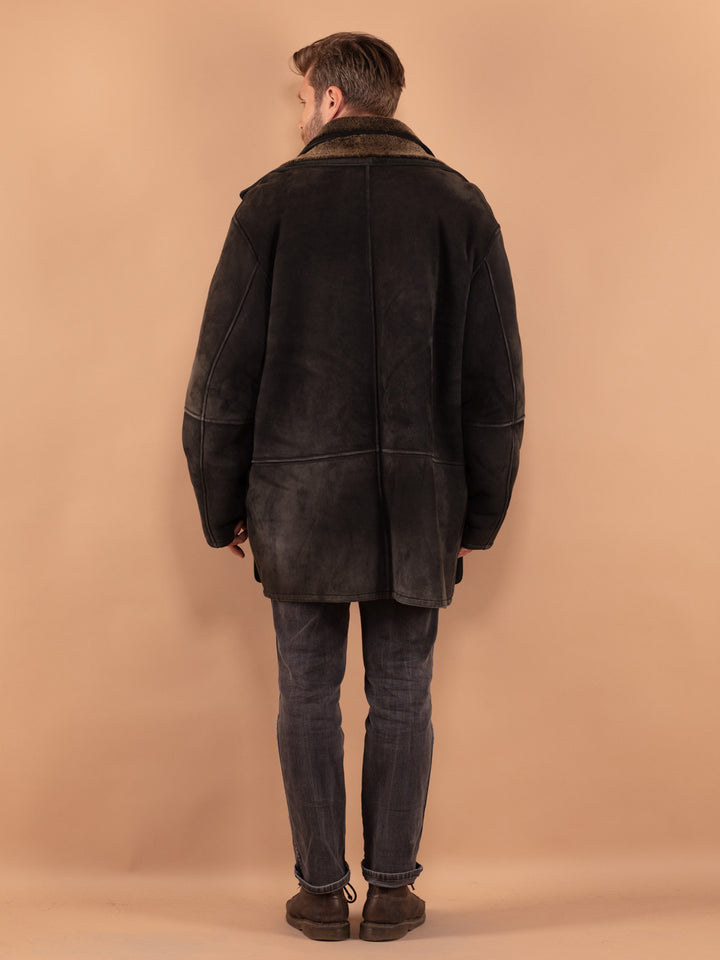 Vintage 80's Men Sheepskin Coat in Black