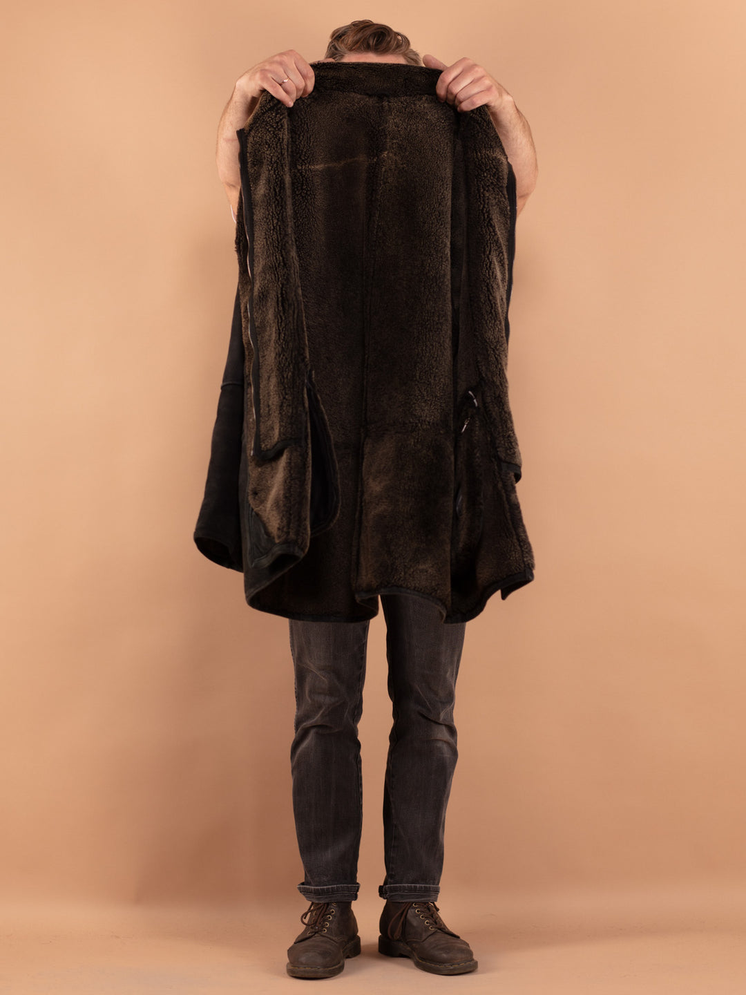 Vintage 80's Men Sheepskin Coat in Black