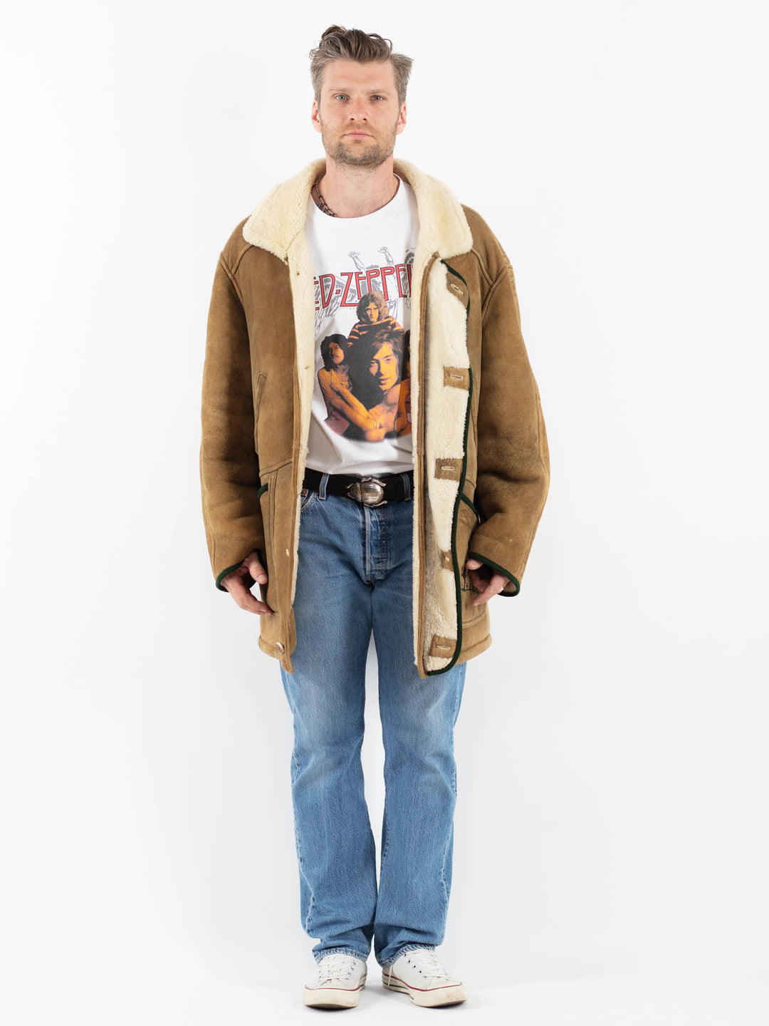 Vintage 80's Men Sheepskin Shearling Coat in BeigeZ1795