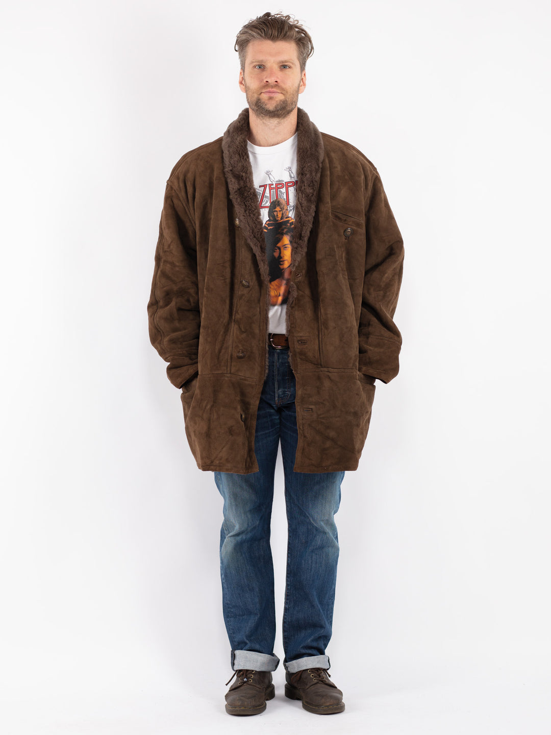 Vintage 80's Men Sheepskin Coat in Brown