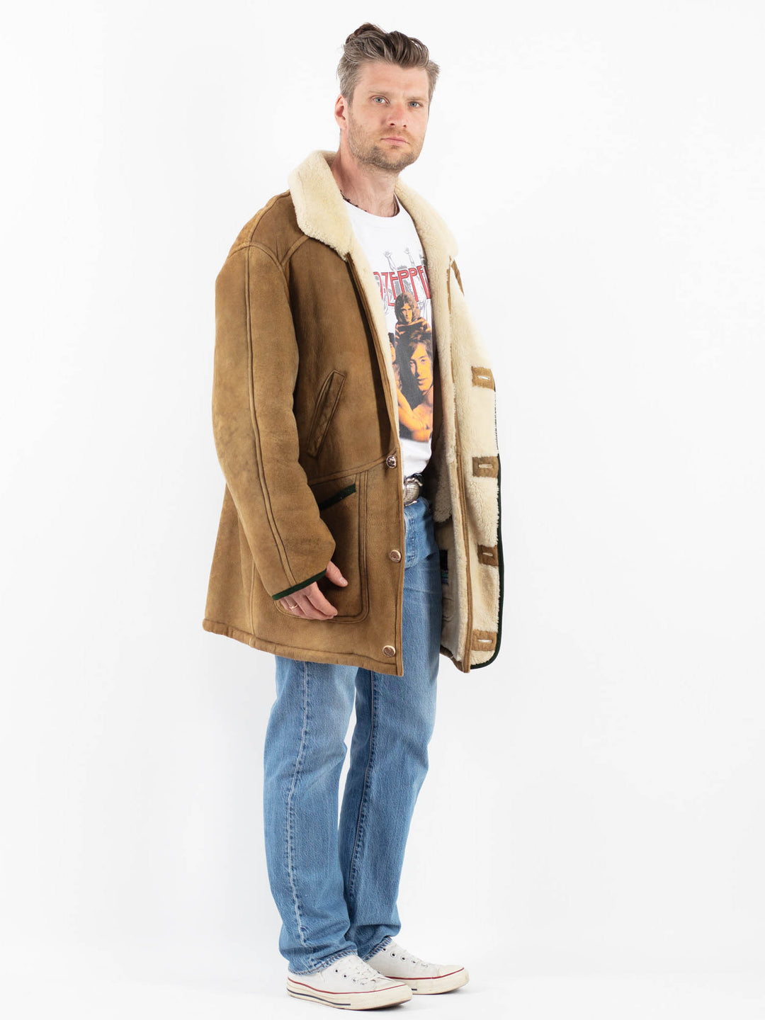 Vintage 80's Men Sheepskin Shearling Coat in BeigeZ1795