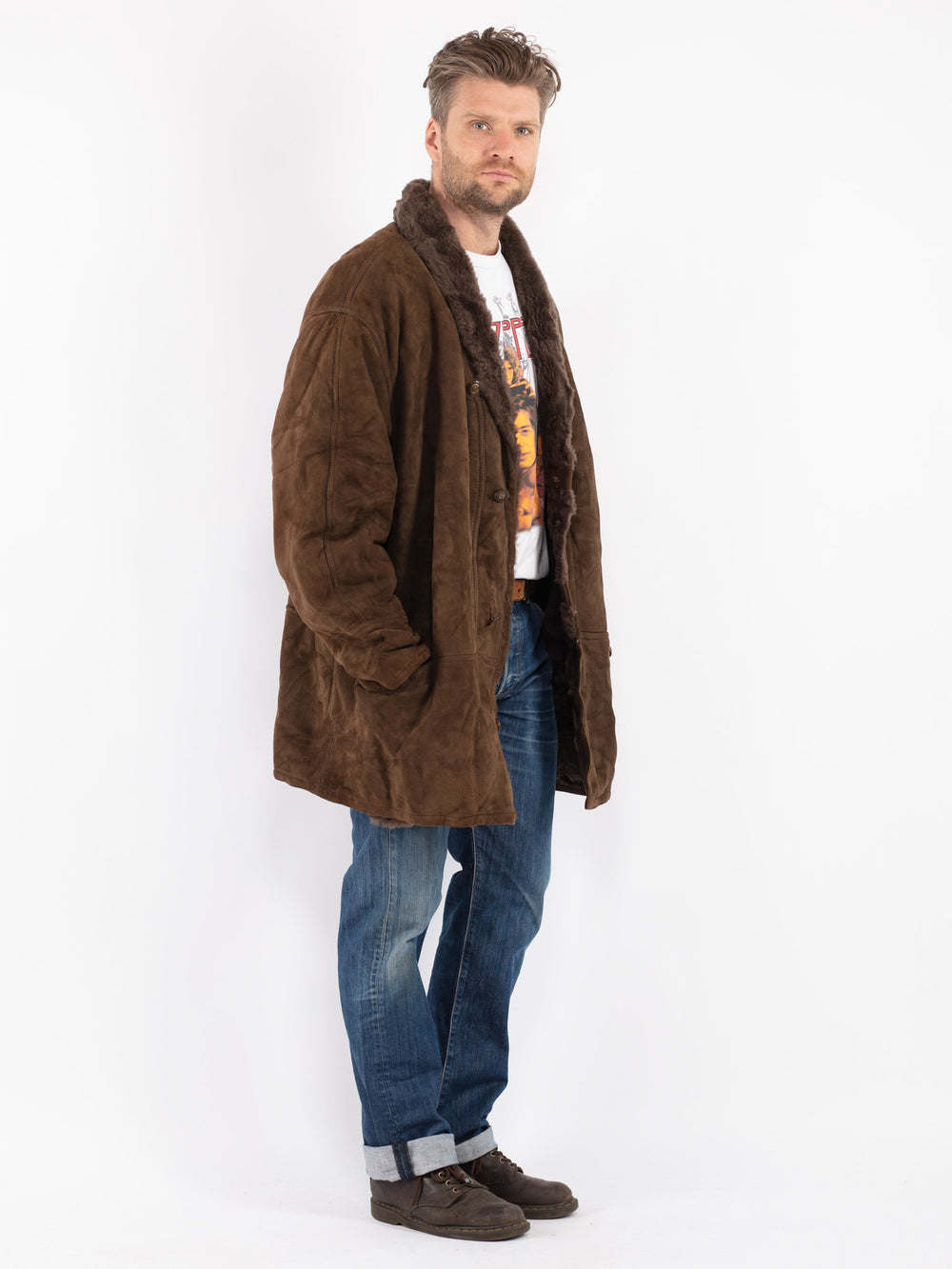 Vintage 80's Men Sheepskin Coat in Brown