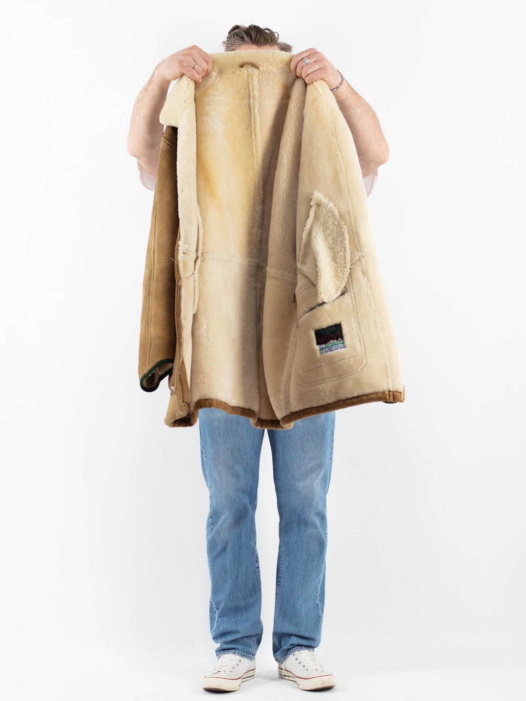 Vintage 80's Men Sheepskin Shearling Coat in BeigeZ1795