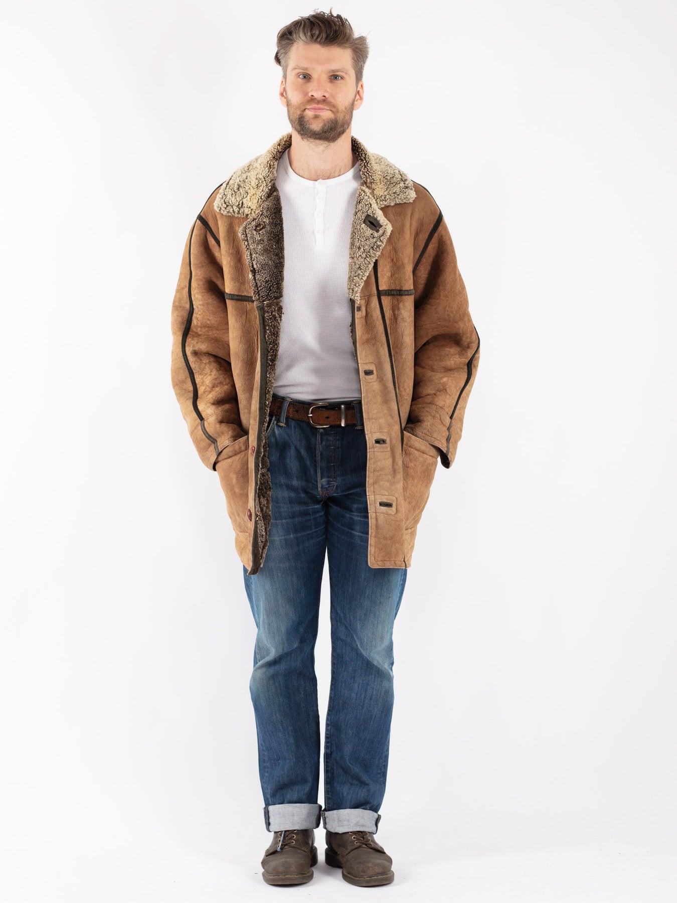 Online Vintage Store Vintage 80's Men Sheepskin Coat in Beige