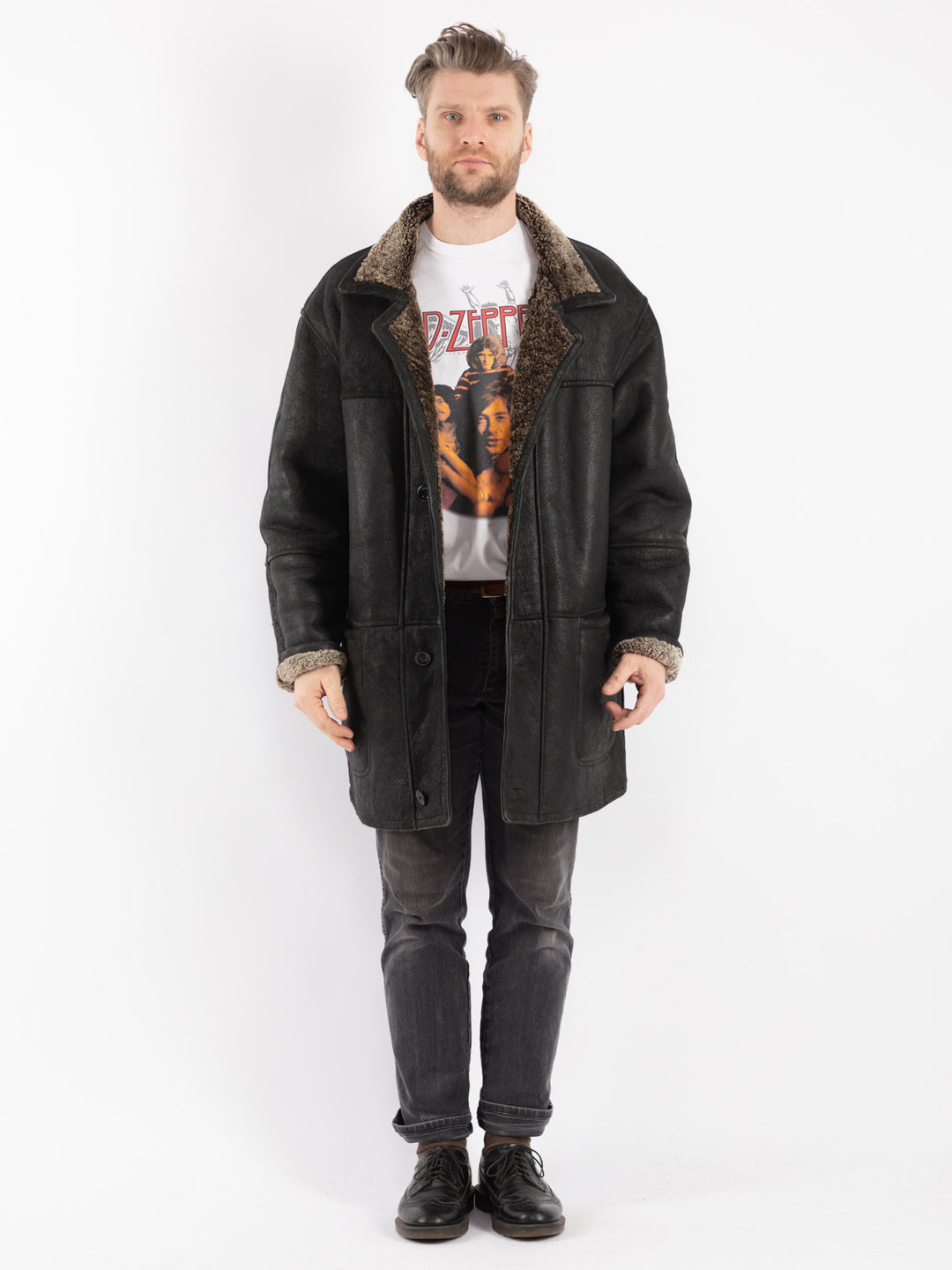 Vintage 80's Men Sheepskin Coat in Black