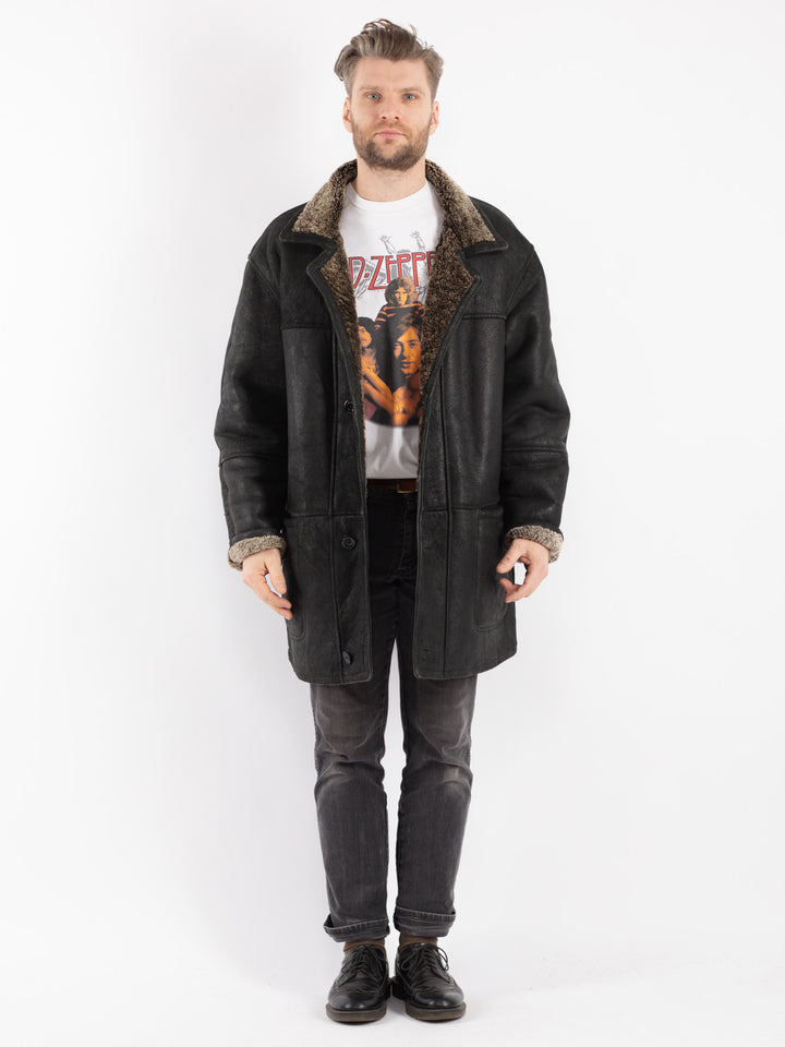 Vintage 80's Men Sheepskin Coat in Black