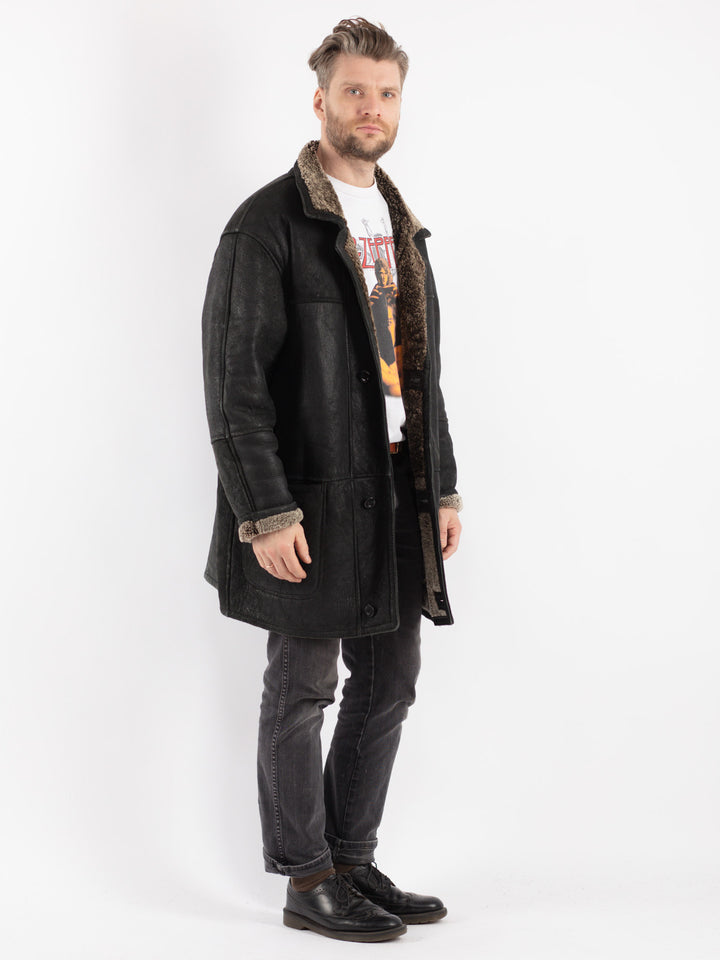 Vintage 80's Men Sheepskin Coat in Black