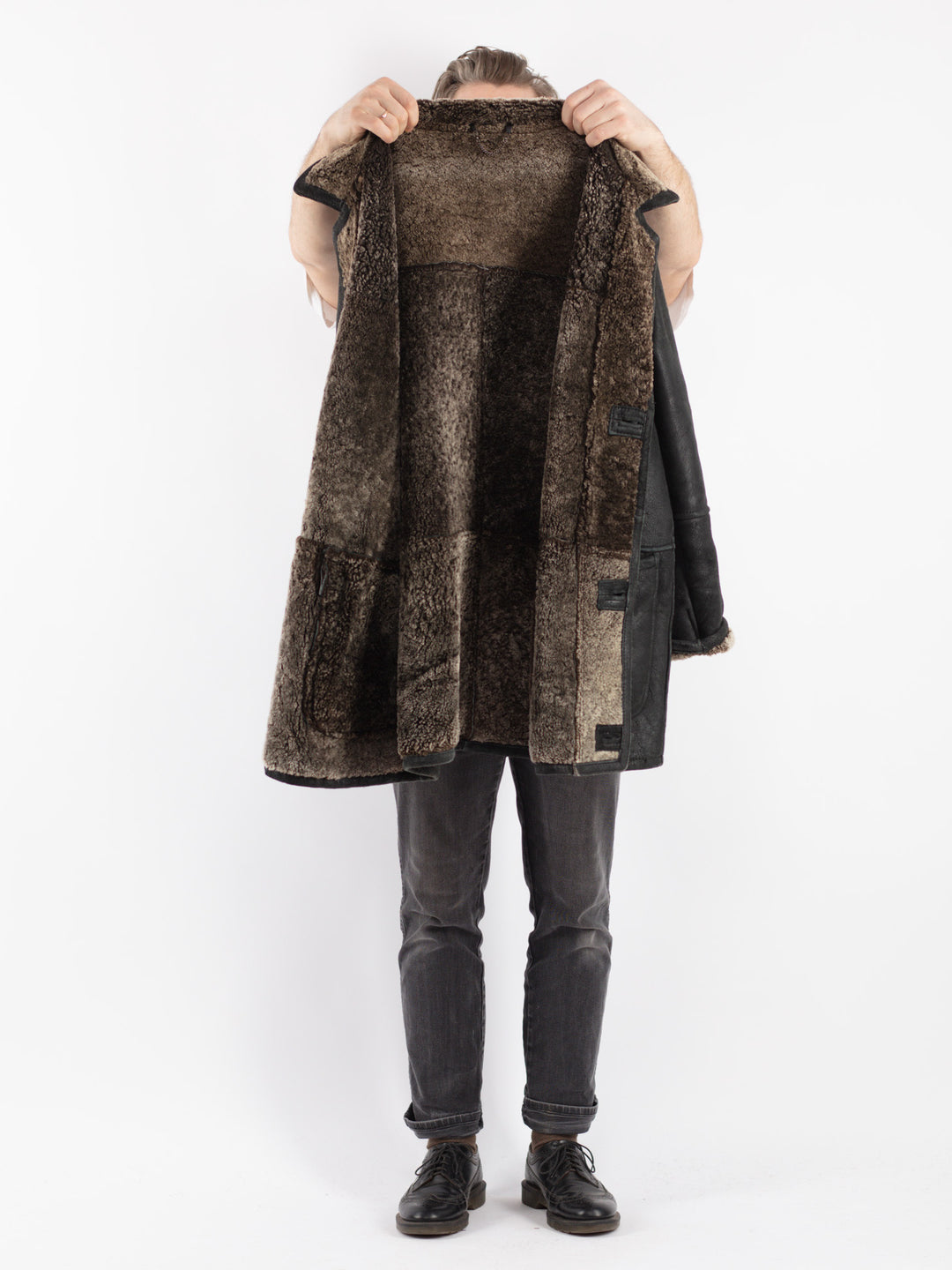 Vintage 80's Men Sheepskin Coat in Black