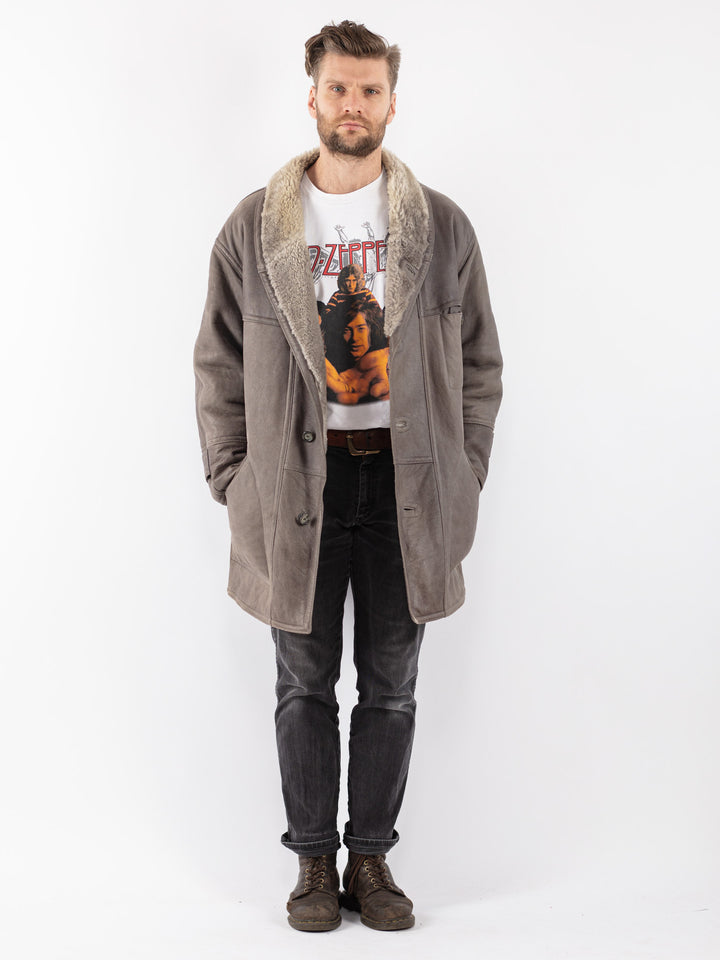 Vintage 80's Men Sheepskin Coat in Gray