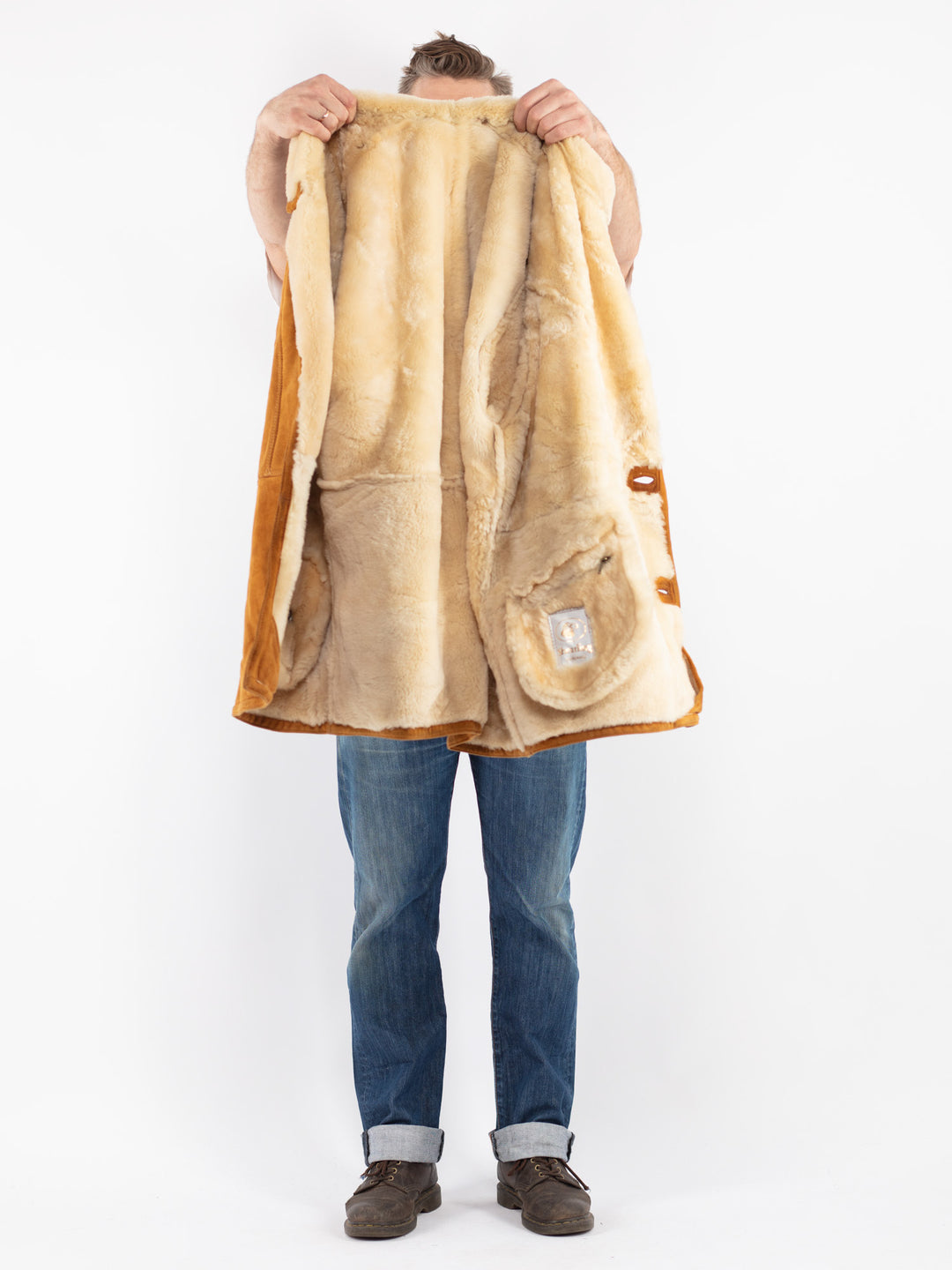 Vintage 80's Men Sheepskin Shearling Coat in Brown