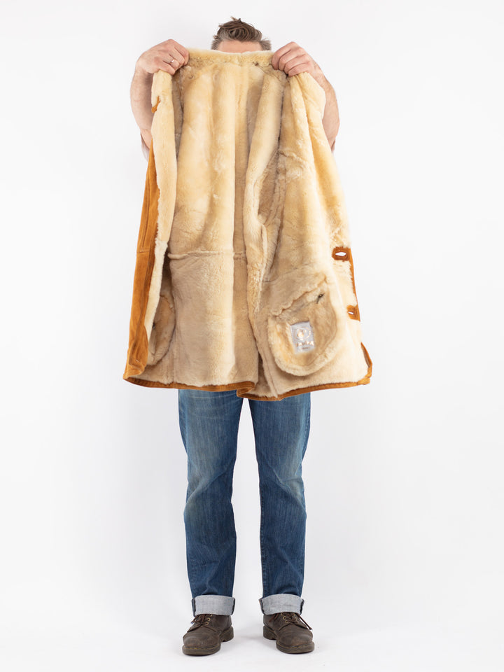 Vintage 80's Men Sheepskin Shearling Coat in Brown