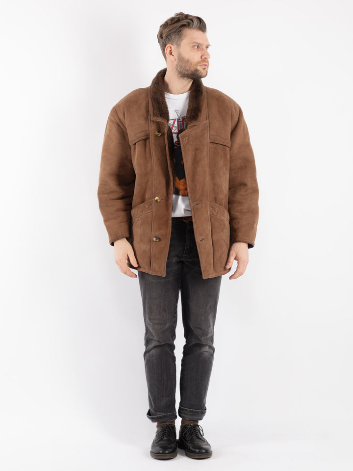 Vintage 80's Men Sheepskin Shearling Coat in Beige