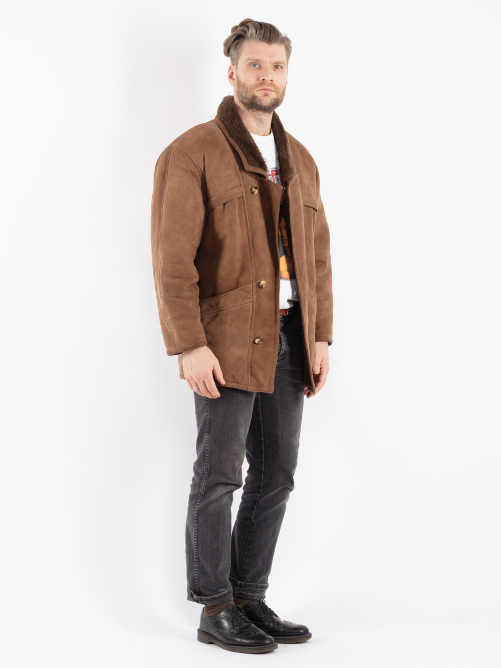 Vintage 80's Men Sheepskin Shearling Coat in Beige