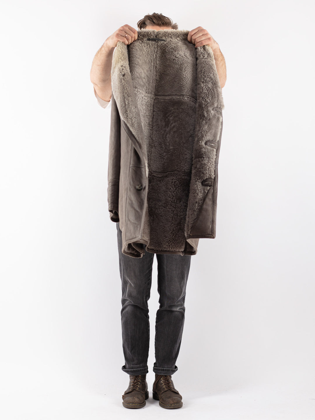 Vintage 80's Men Sheepskin Coat in Gray