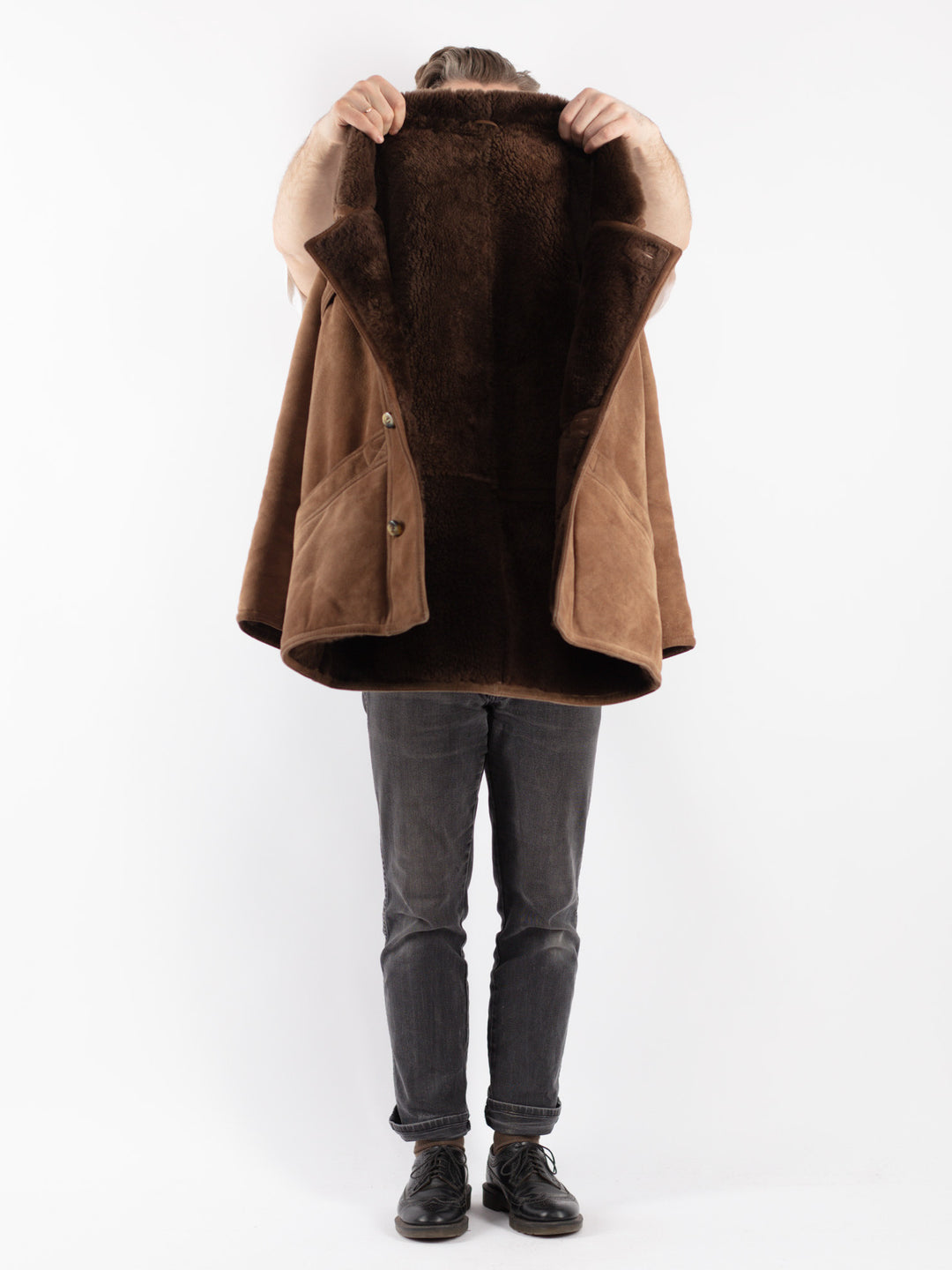 Vintage 80's Men Sheepskin Shearling Coat in Beige