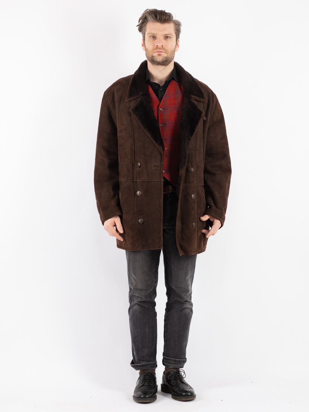 Vintage 80's Men Sheepskin Shearling Coat in Brown