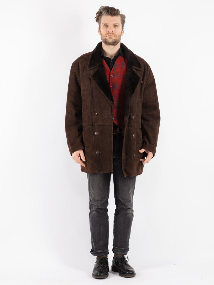 Vintage 80's Men Sheepskin Shearling Coat in Brown