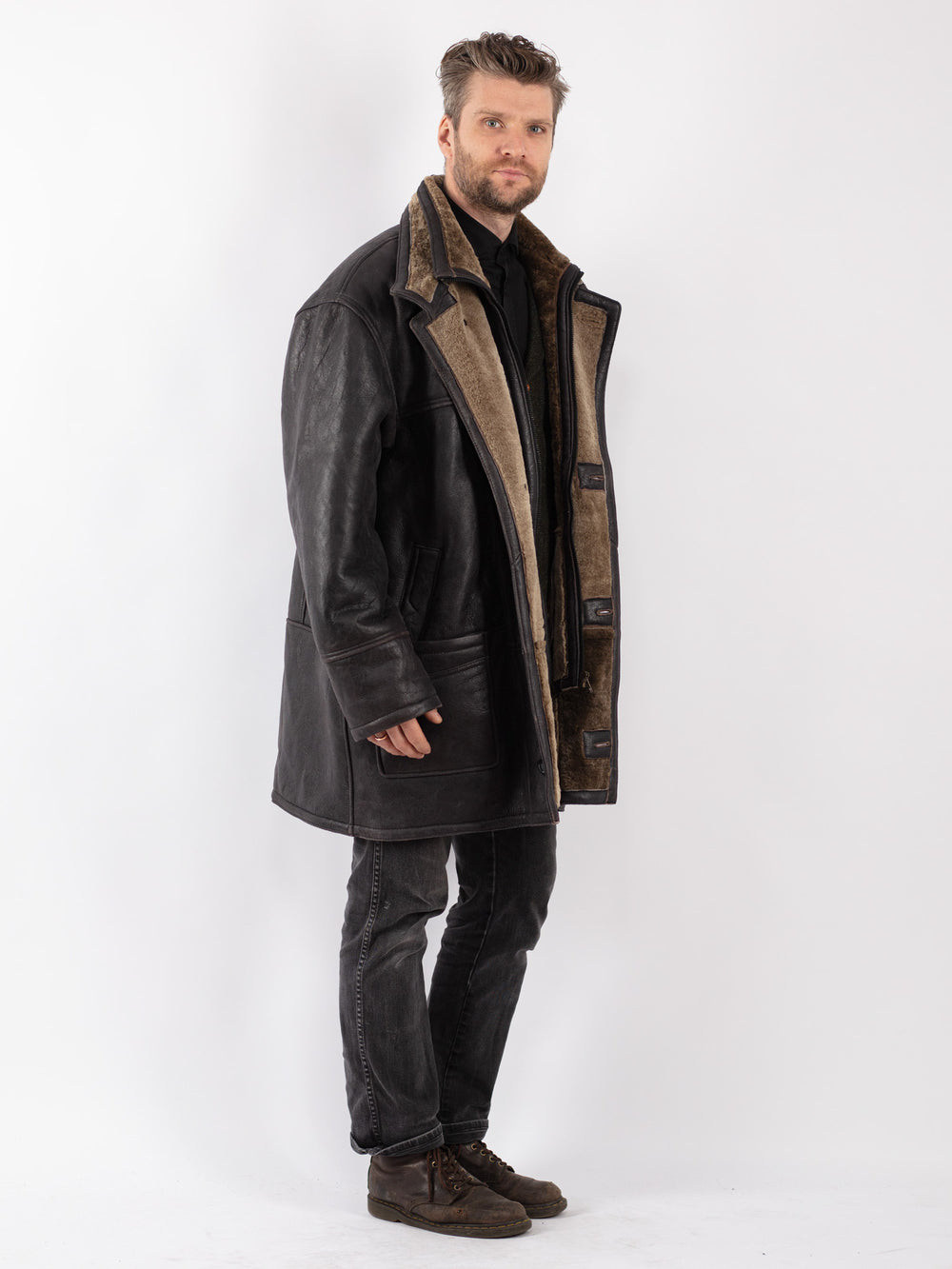 Vintage 80's Men Sheepskin Shearling Coat in Gray