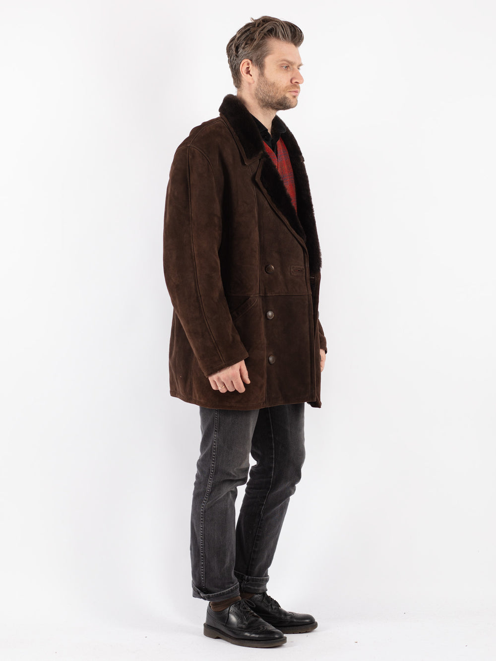 Vintage 80's Men Sheepskin Shearling Coat in Brown