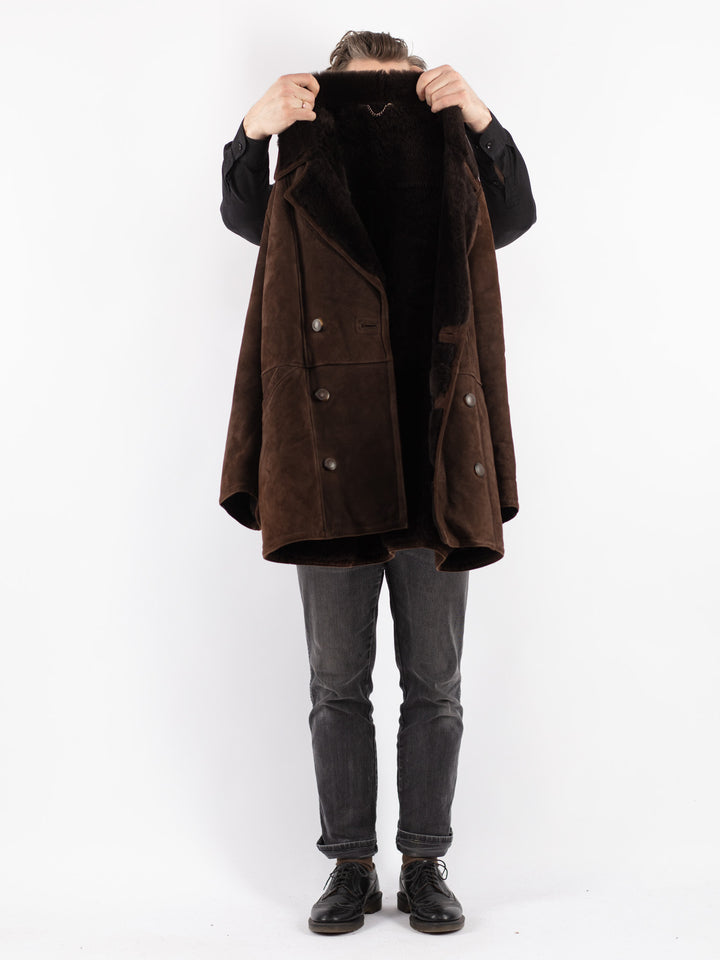 Vintage 80's Men Sheepskin Shearling Coat in Brown