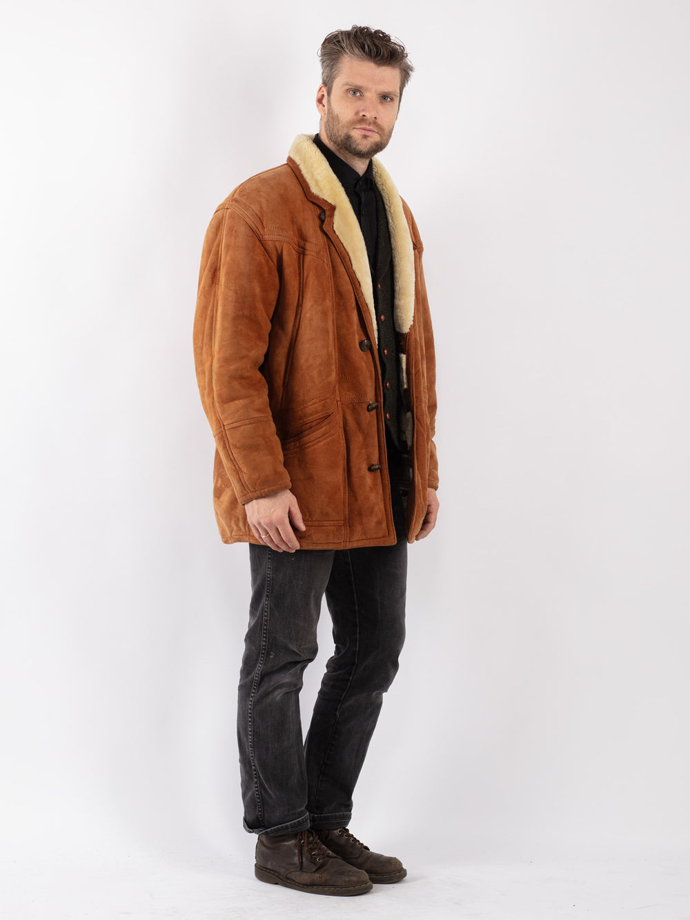 Vintage 80's Men Sheepskin Shearling Coat in Brown
