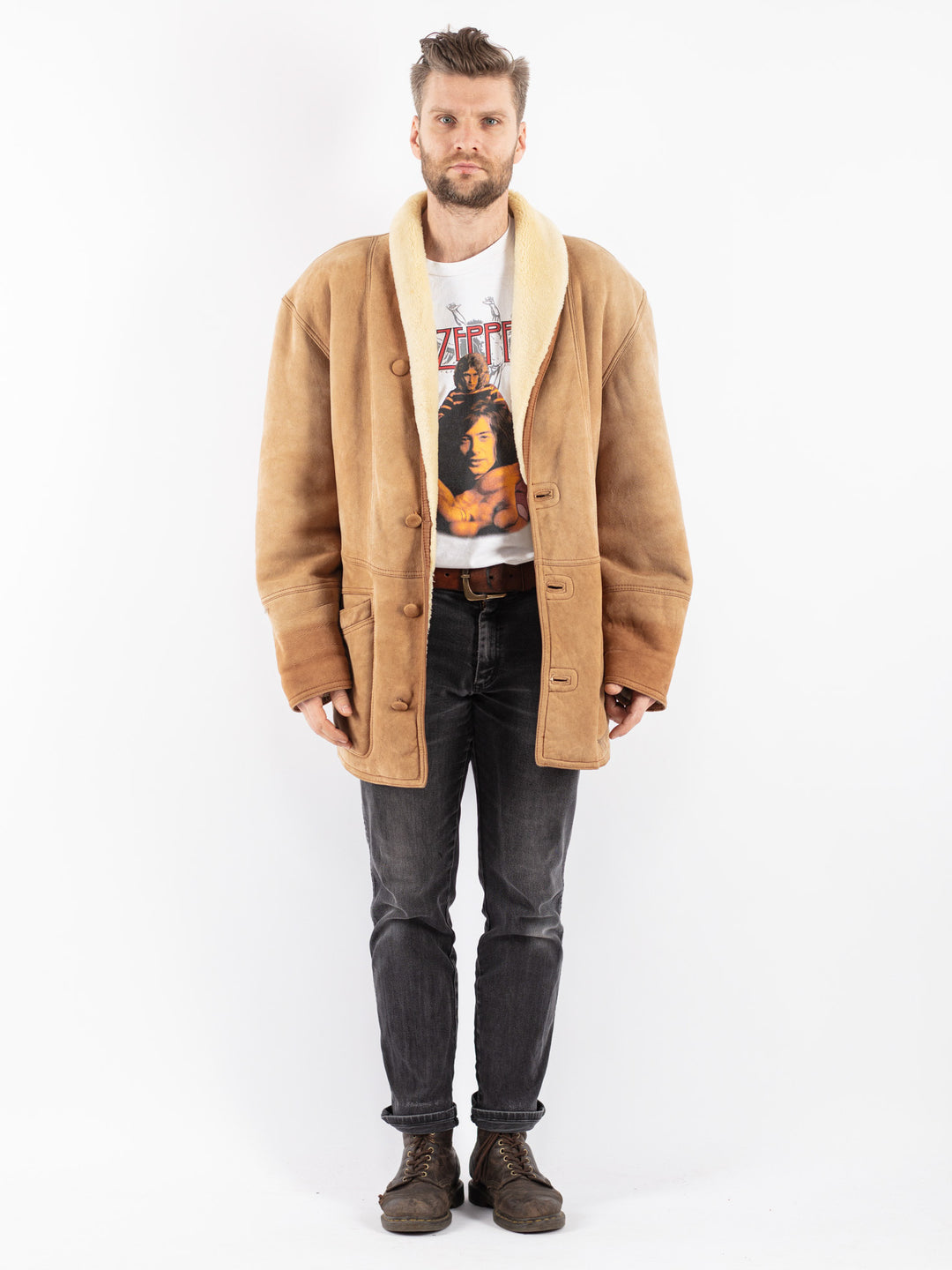 Vintage 80's Men Sheepskin Shearling Coat in Beige