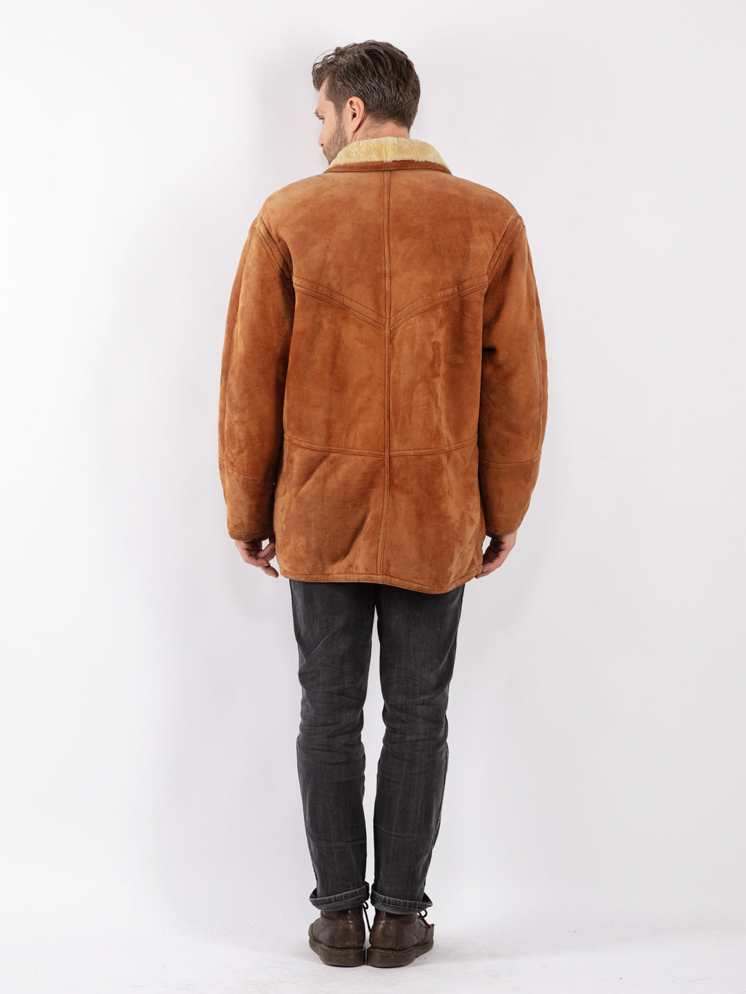 Vintage 80's Men Sheepskin Shearling Coat in Brown