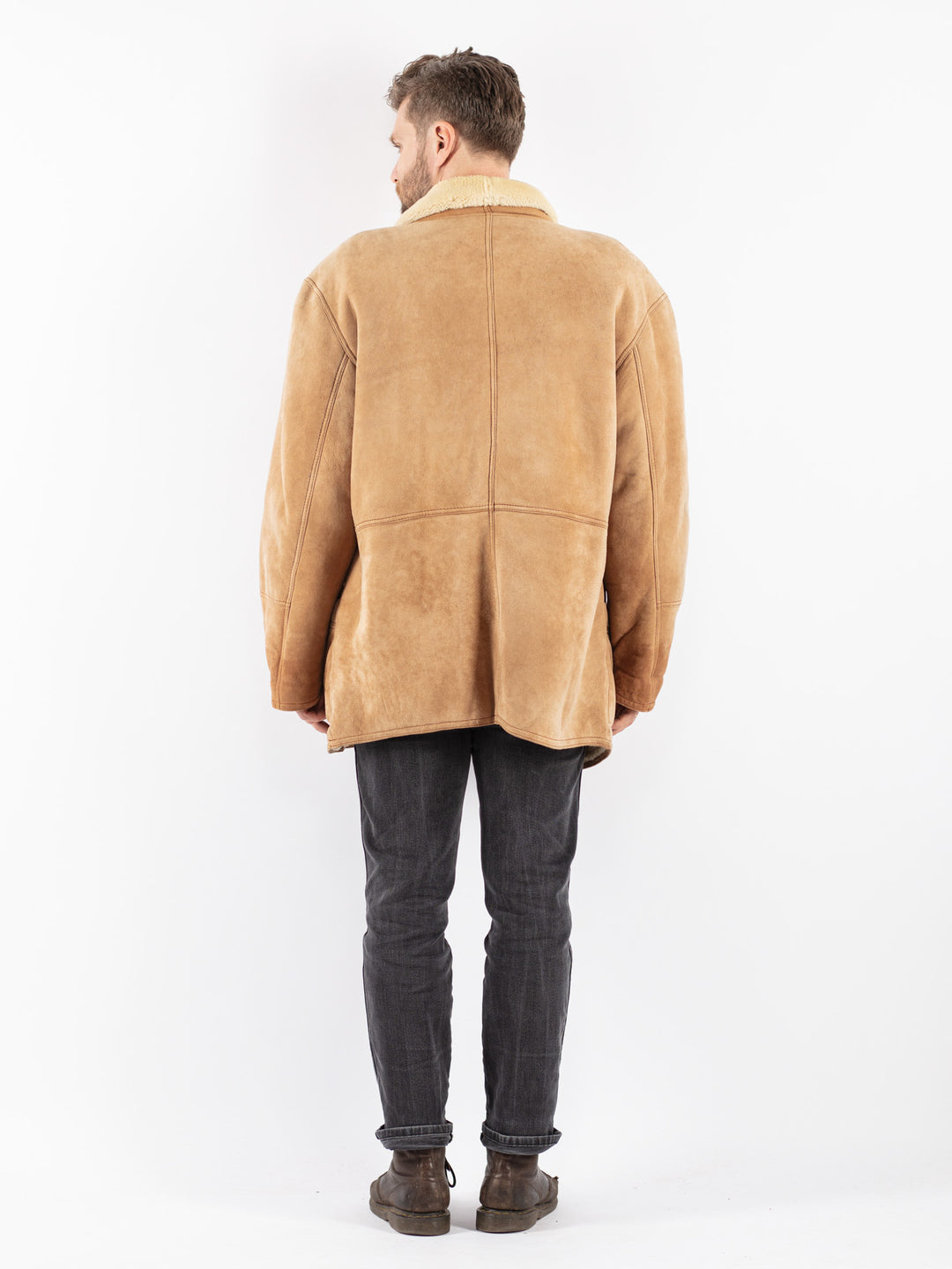 Vintage 80's Men Sheepskin Shearling Coat in Beige