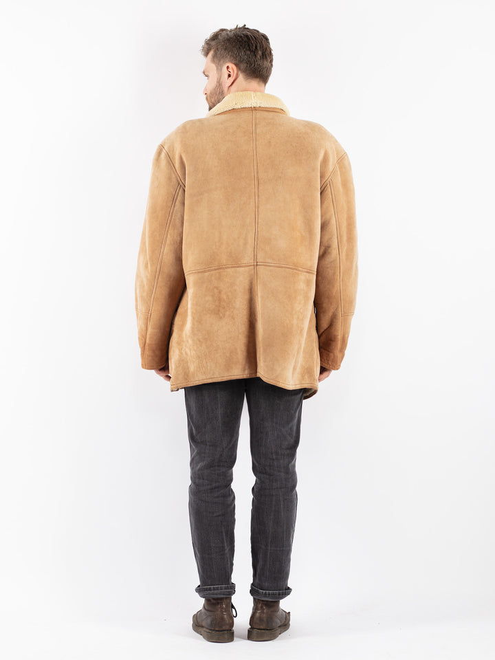 Vintage 80's Men Sheepskin Shearling Coat in Beige
