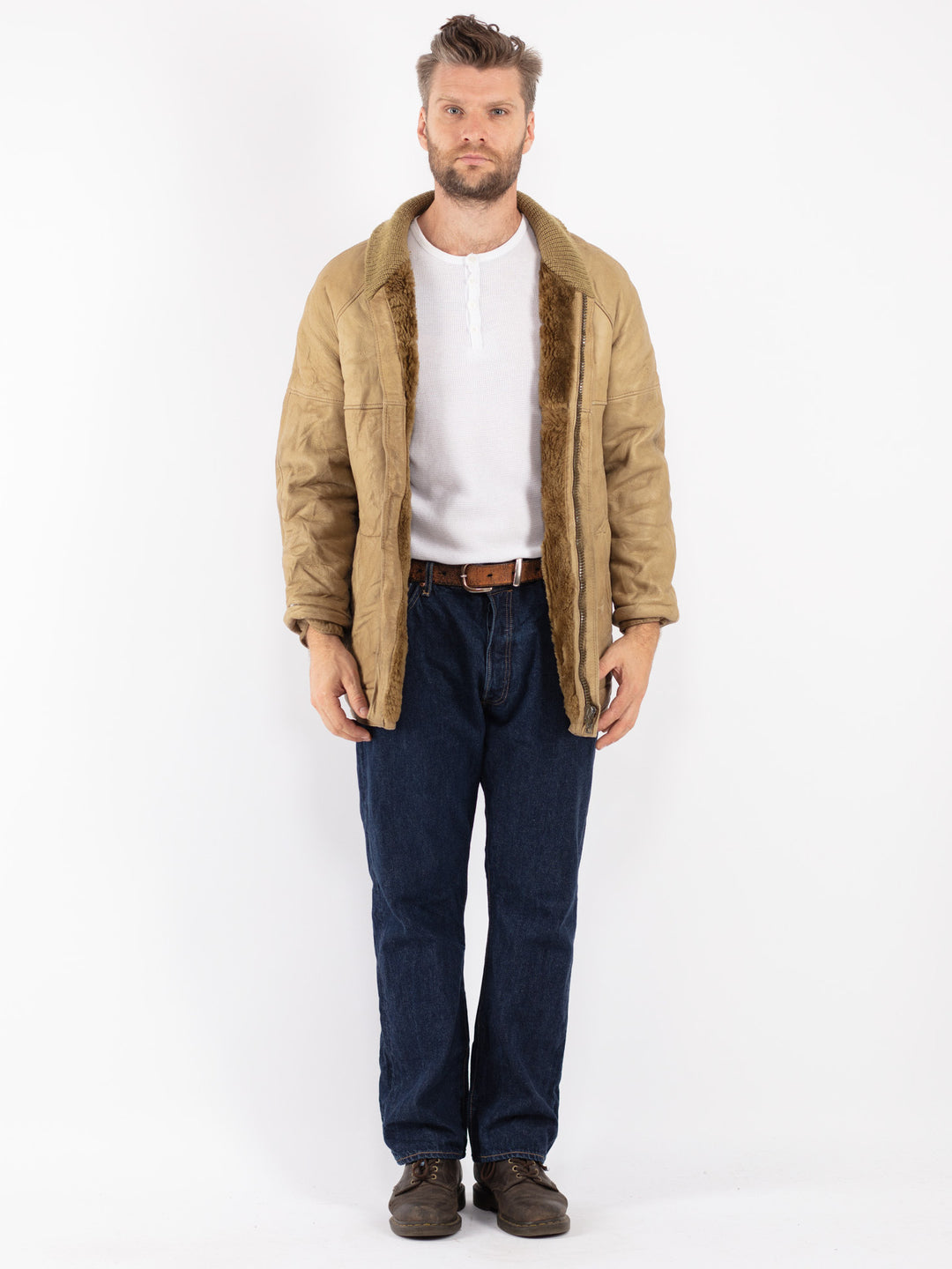 Vintage 80's Men Sheepskin Coat in Beige - NorthernGrip