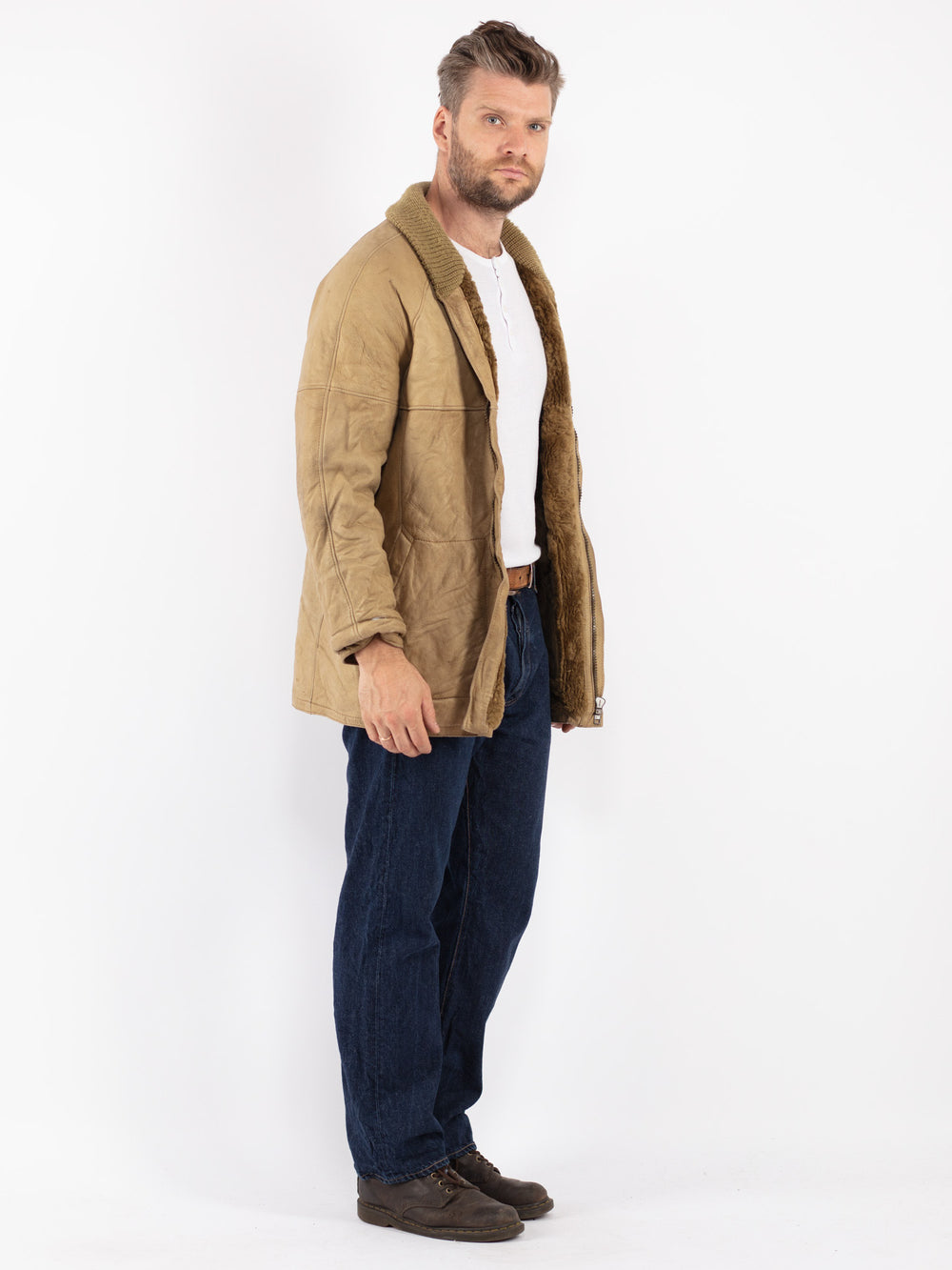 Vintage 80's Men Sheepskin Coat in Beige - NorthernGrip