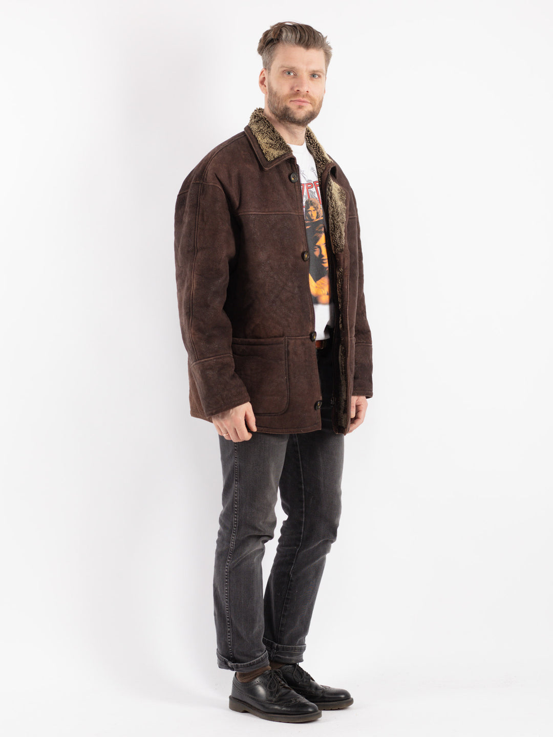 Vintage 80's Men Sheepskin Coat in Brown