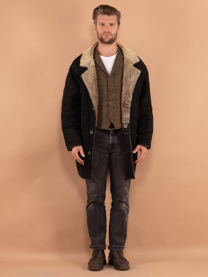 Vintage 80's Men Sheepskin Coat in Black