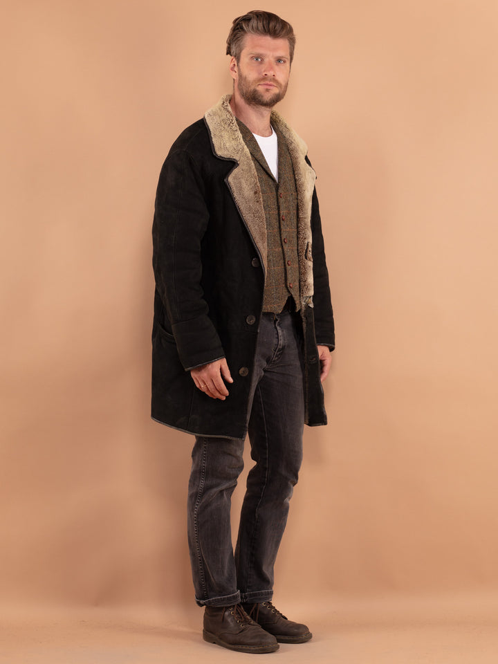 Vintage 80's Men Sheepskin Coat in Black