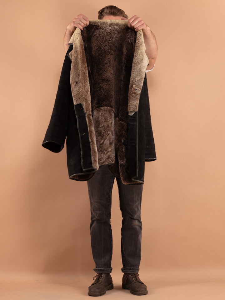 Vintage 80's Men Sheepskin Coat in Black
